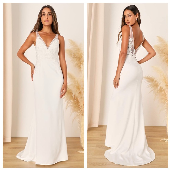 Lulus Precious Promise White Satin Embroidered Lace
Mermaid Maxi Dress - Picture 1 of 7